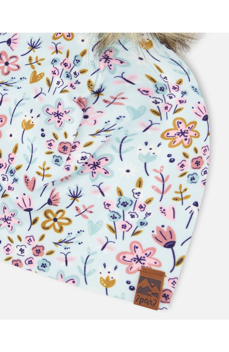 Deux par Deux Stretch Jersey Hat Mini Flower Print with Pompom, Alternate, color, Blue Mini Flower Print