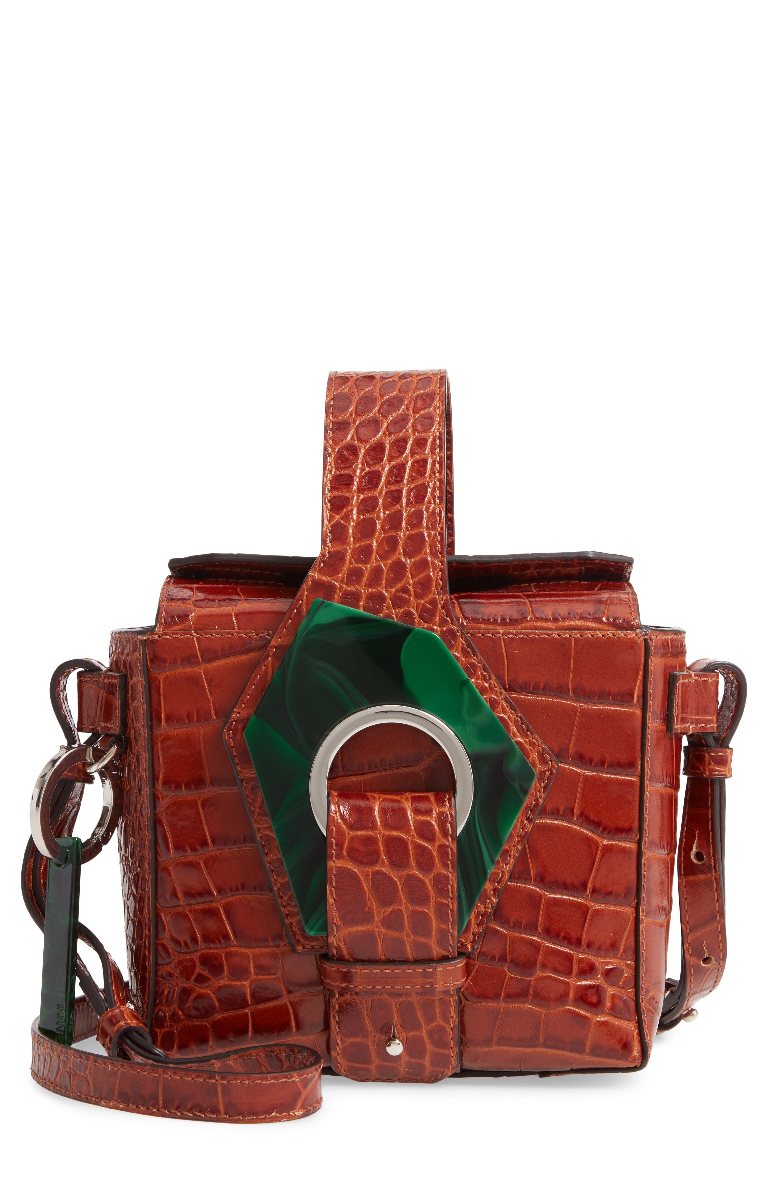 Ganni Croc Embossed Leather Box Bag, Main, color, 
