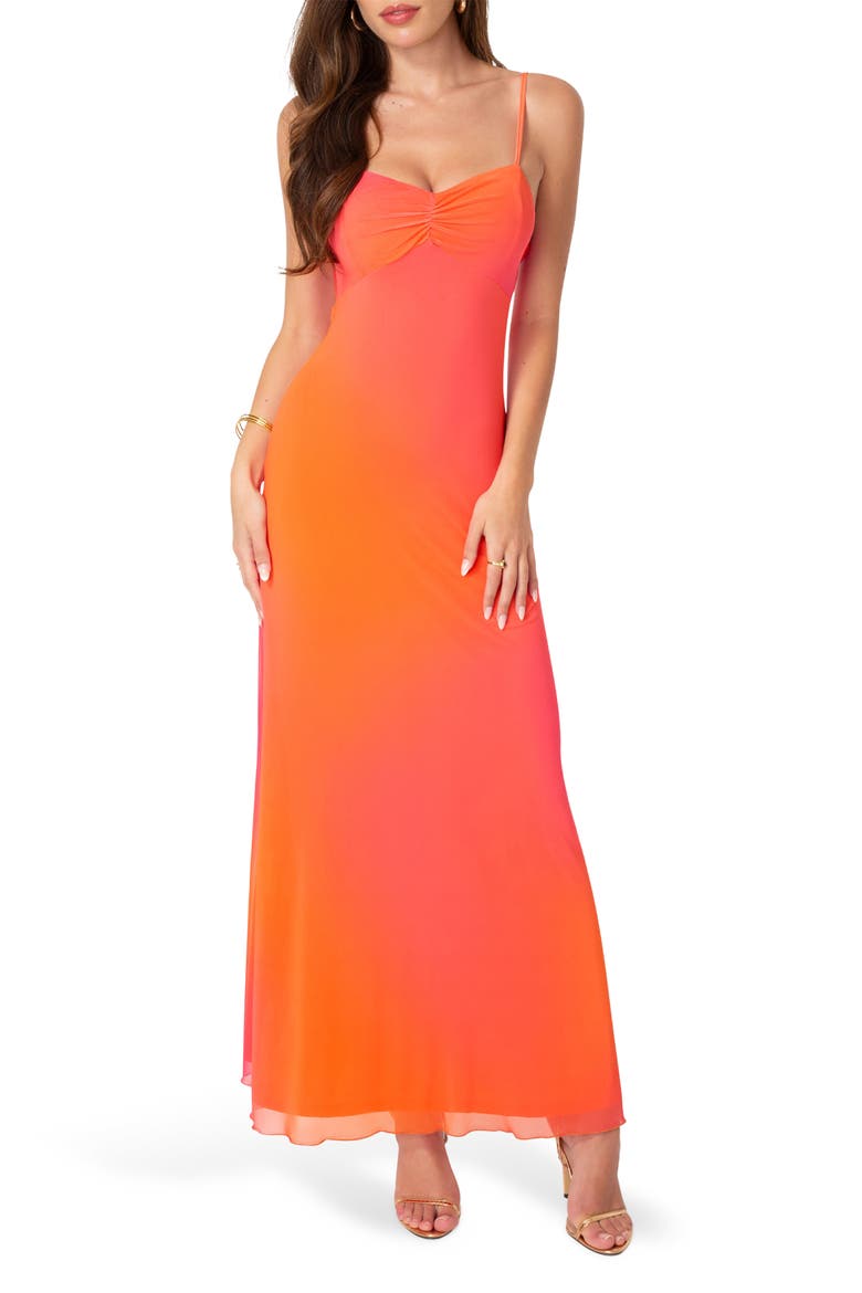 Printed Mesh Drape Back Maxi Dress, Main, color, ORANGE/ FUSHIA