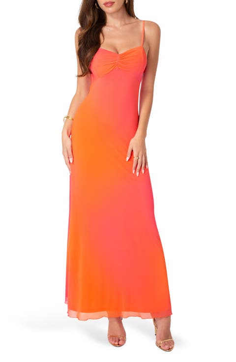 Printed Mesh Drape Back Maxi Dress