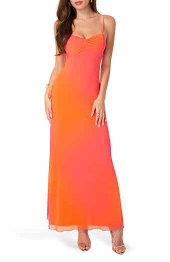 Printed Mesh Drape Back Maxi Dress