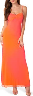 bebe Printed Mesh Drape Back Maxi Dress