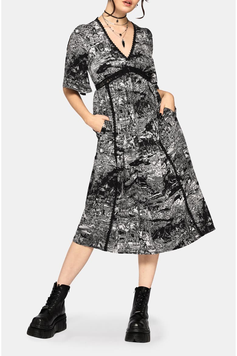 Nara Boudicca Printed Midi Dress, Alternate, color, Black