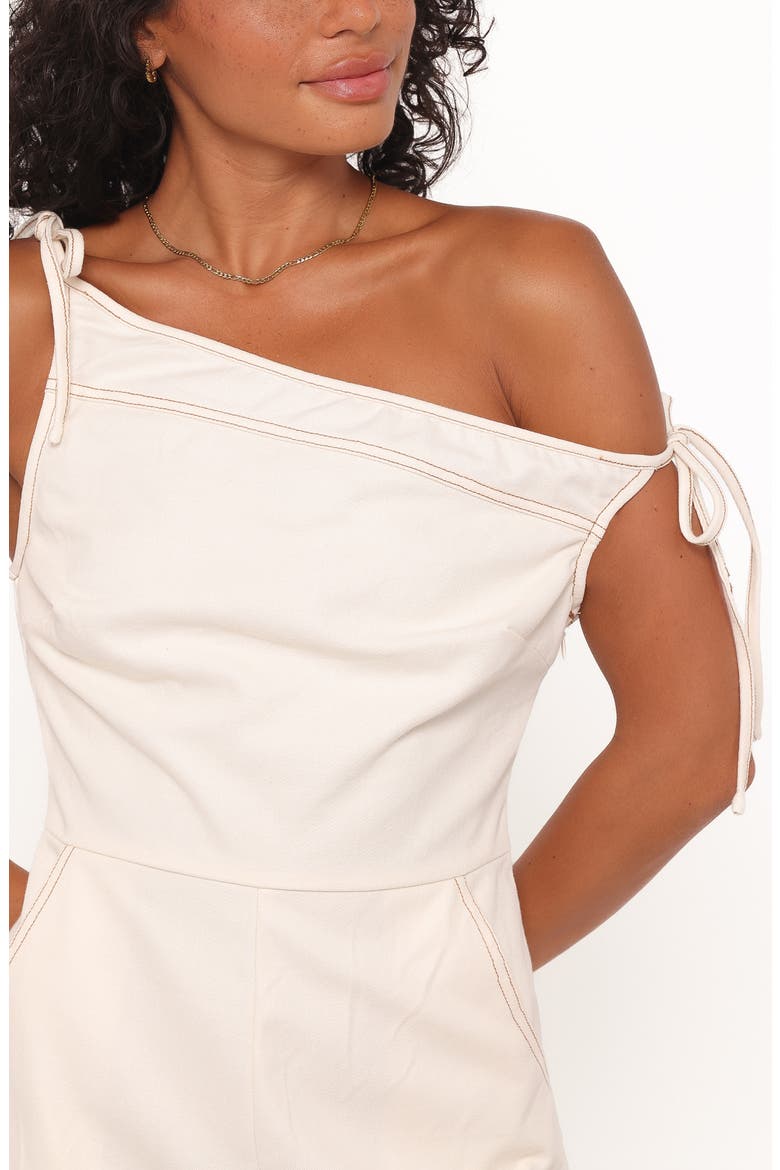 Tatue One-Shoulder Tie Strap Denim Romper, Alternate, color, BONE
