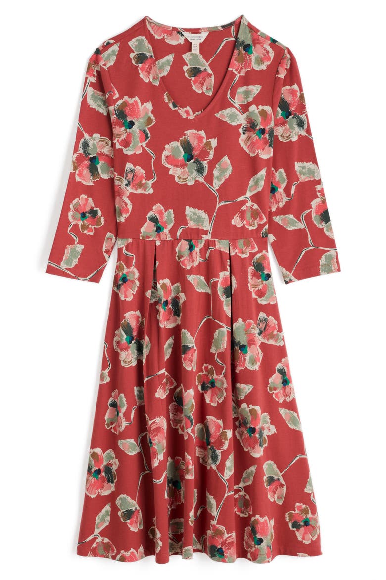 Floral Pleated Stretch Organic Cotton Jersey Dress, Alternate, color, ARTIST CAMELLIA RED SAIL