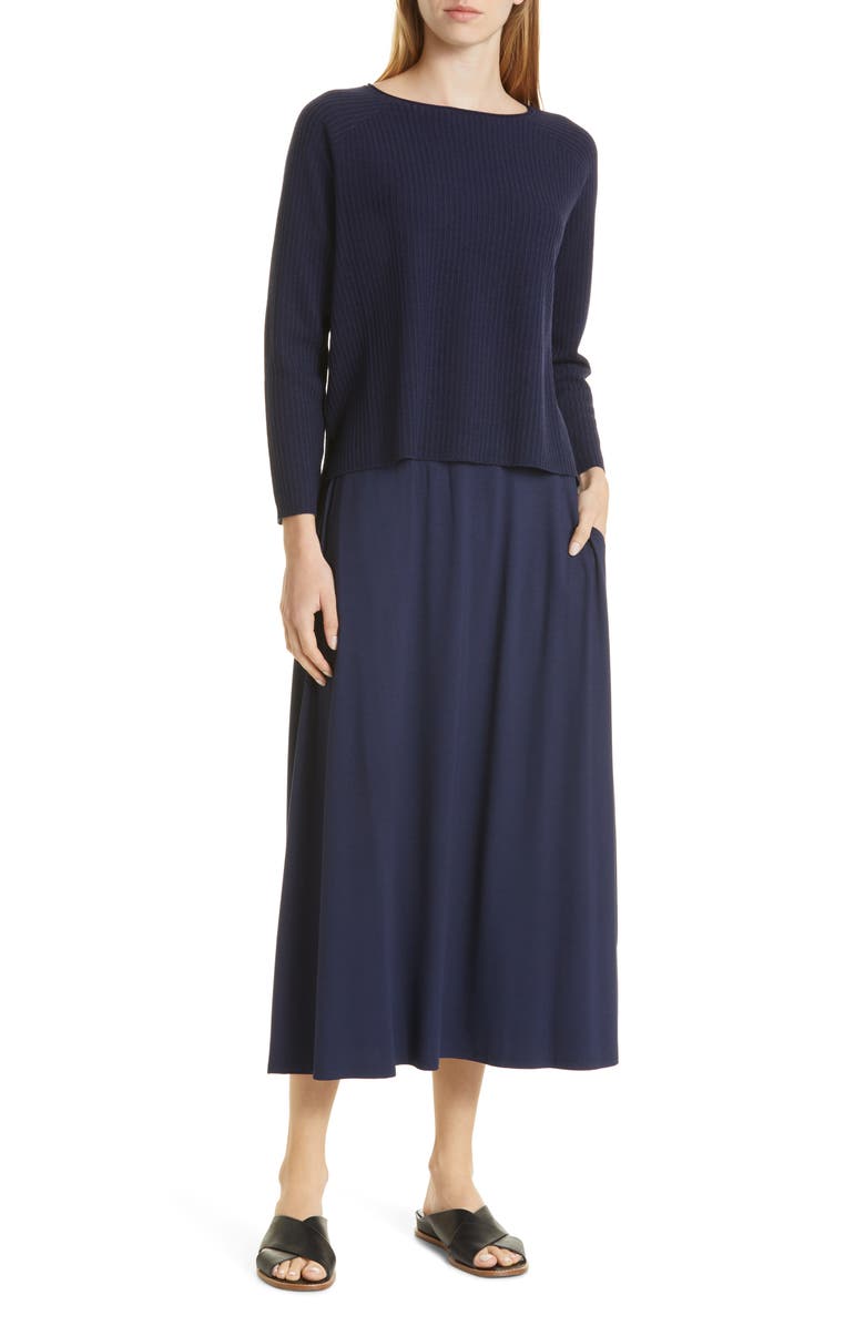 Eileen Fisher Boat Neck Raglan Sleeve Merino Wool Rib Sweater, Alternate, color, Midnight