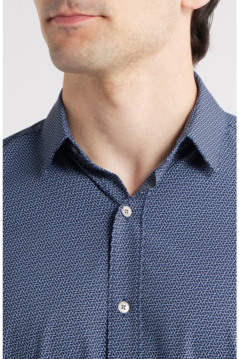 Trim Fit Hexagon Print Short Sleeve Performance Button-Up Shirt, Alternate, color, NAVY