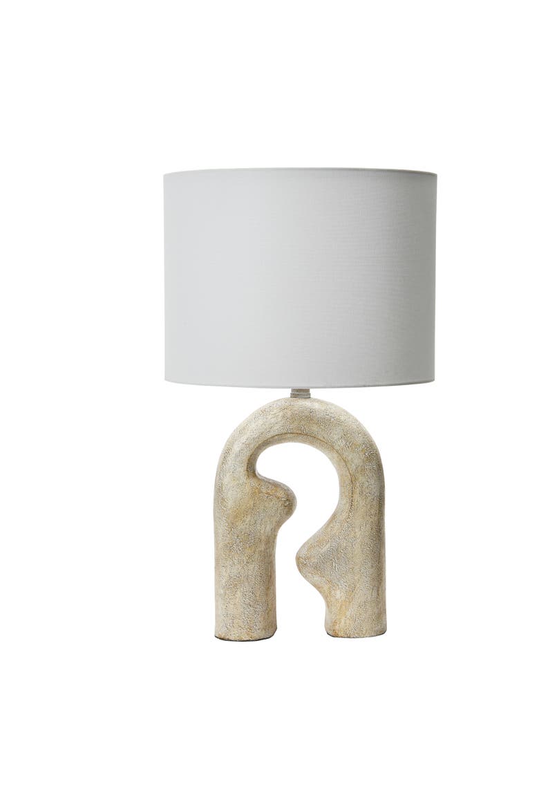 Abstract Resin Table Lamp with Linen Drum Shade, Distressed Natural, Main, color, Natural
