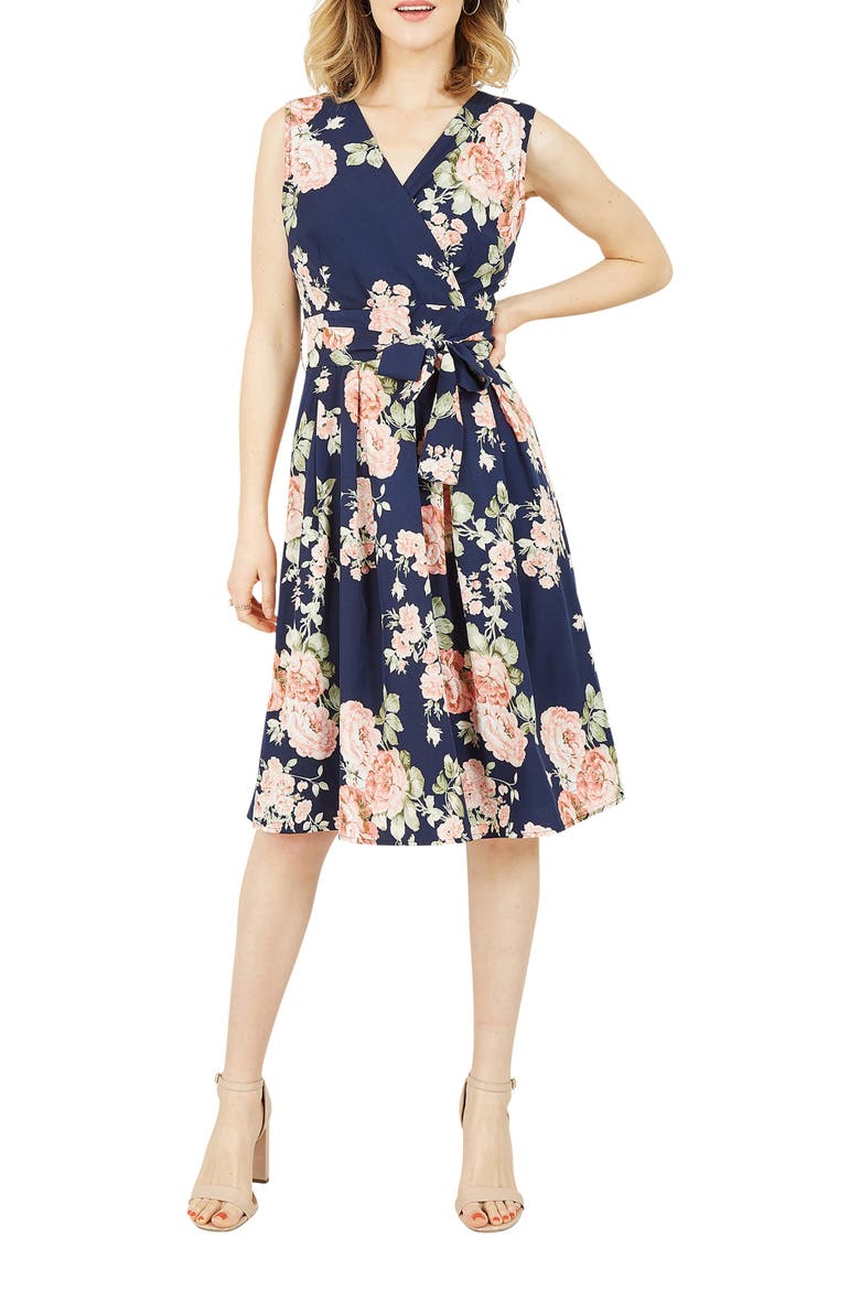Floral Rose Wrap Over Sleeveless Dress, Alternate, color, Navy