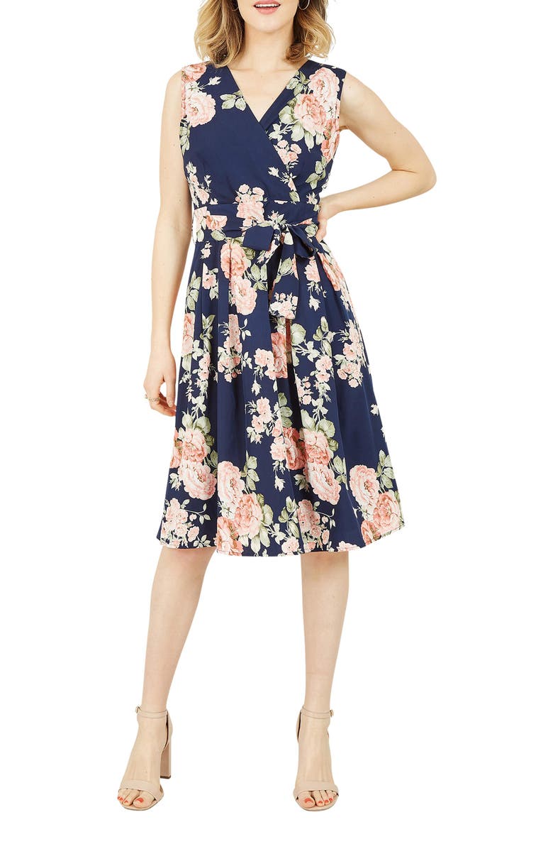 Yumi Floral Rose Wrap Over Sleeveless Dress, Alternate, color, Navy