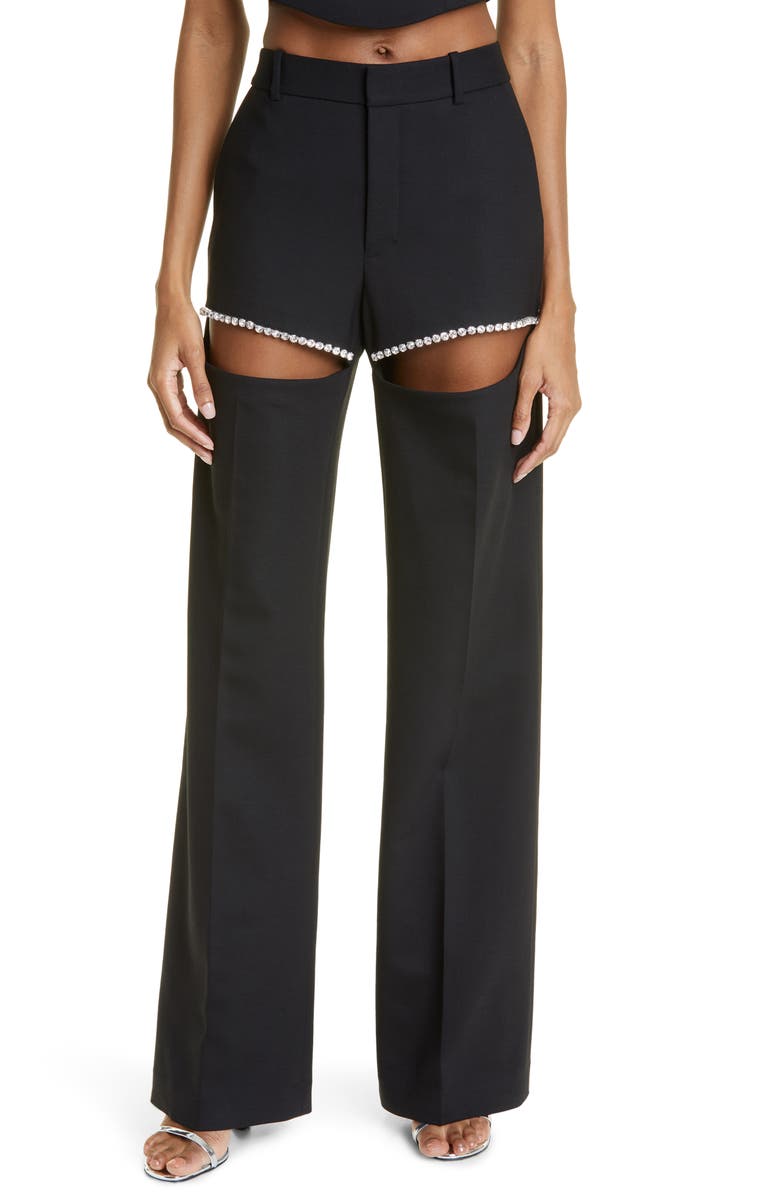 Area Crystal Slit Crepe Wide Leg Pants, Main, color, 