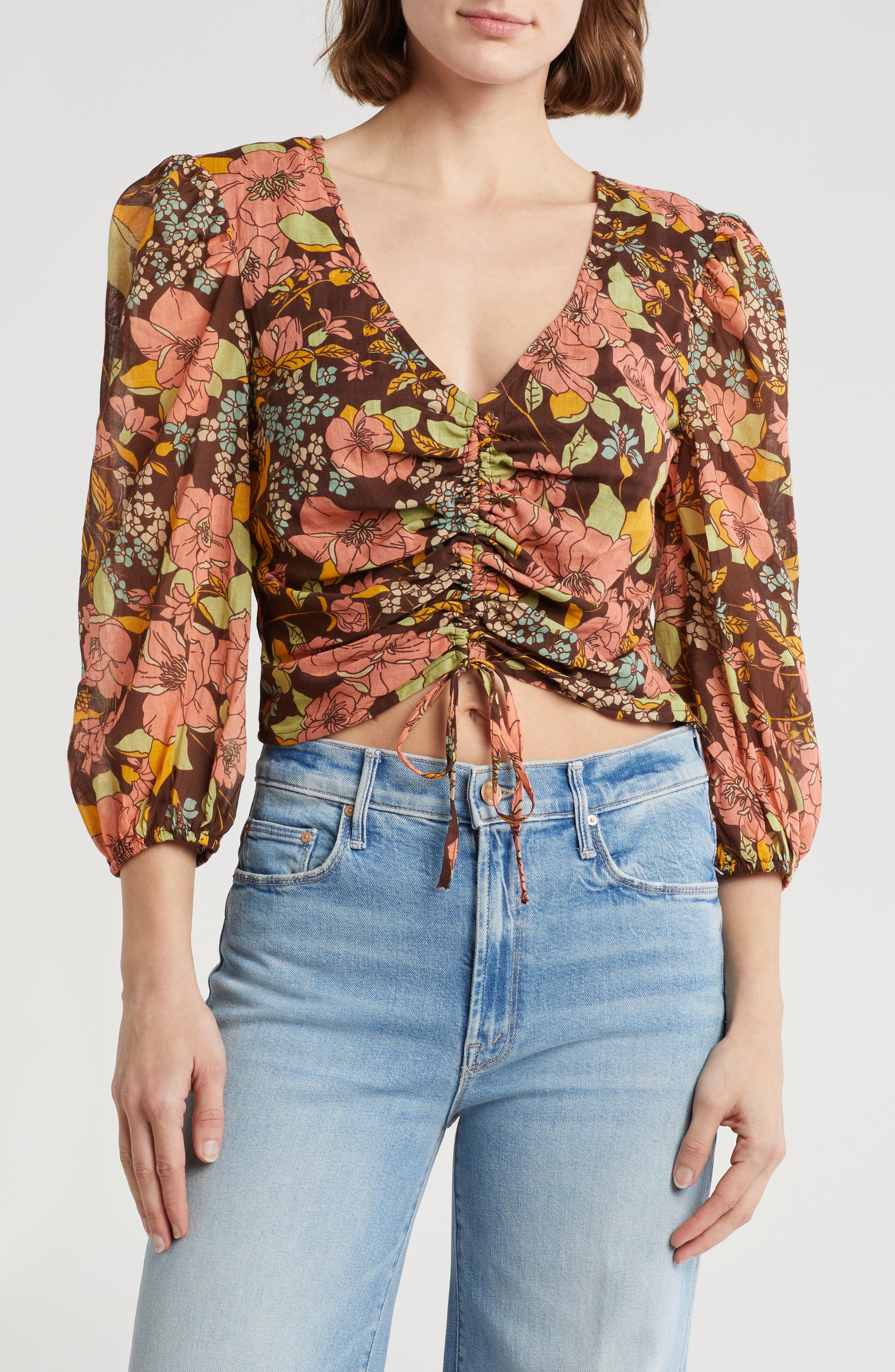 MOTHER Floral Ruched Three-Quarter Sleeve Top