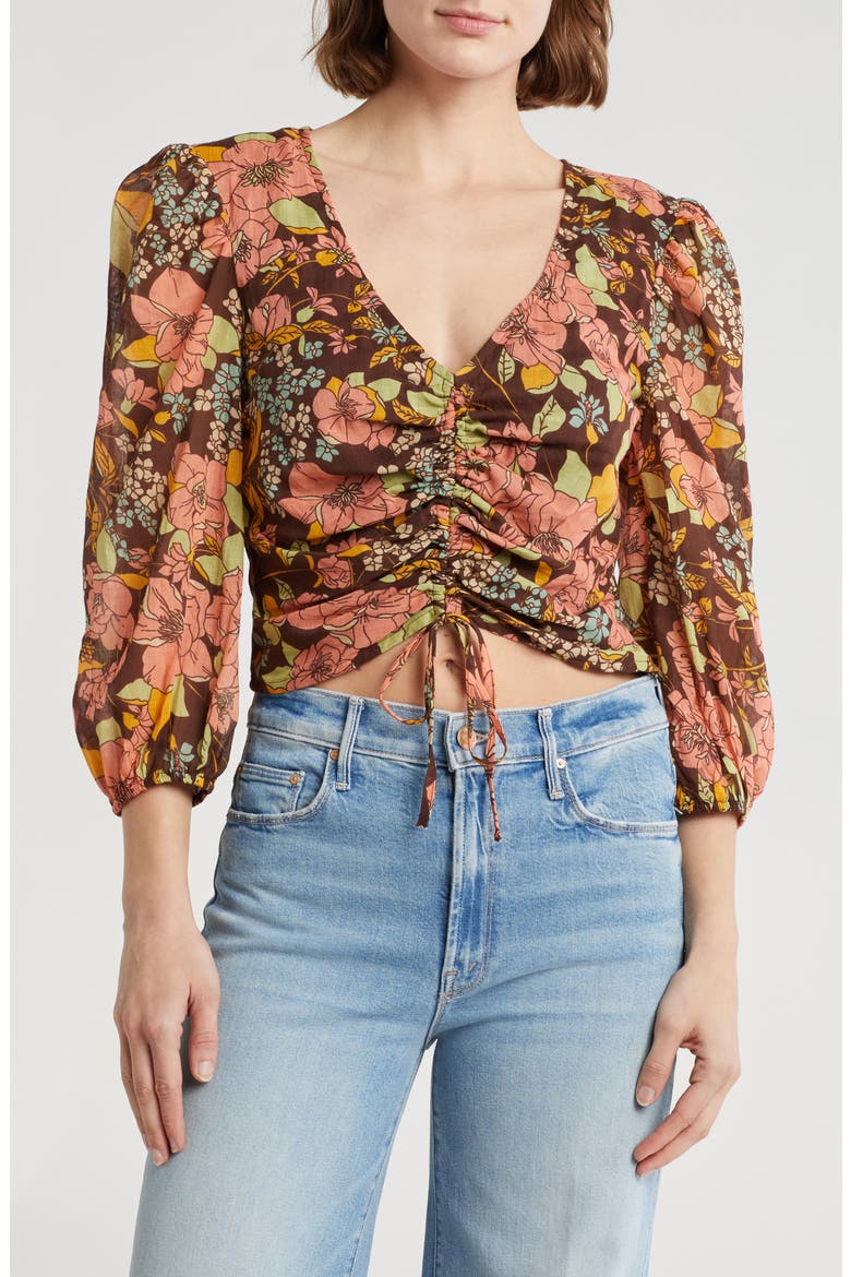 Floral Ruched Three-Quarter Sleeve Top, Main, color, BOUTONNIERE BOUQUET