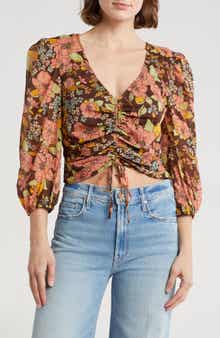 MOTHER Floral Ruched Three-Quarter Sleeve Top