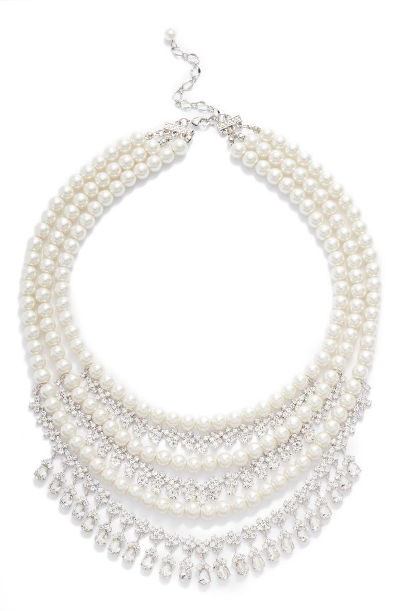CRISTABELLE Crystal & Imitation Pearl Layered Necklace, Main, color, Sil/White