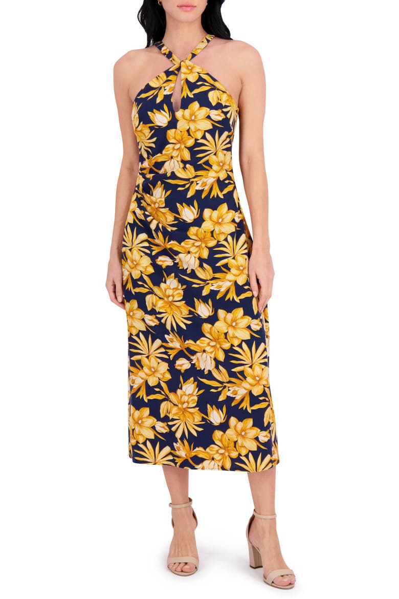 Keyhole Midi Halter Dress, Main, color, NAVY MULTI