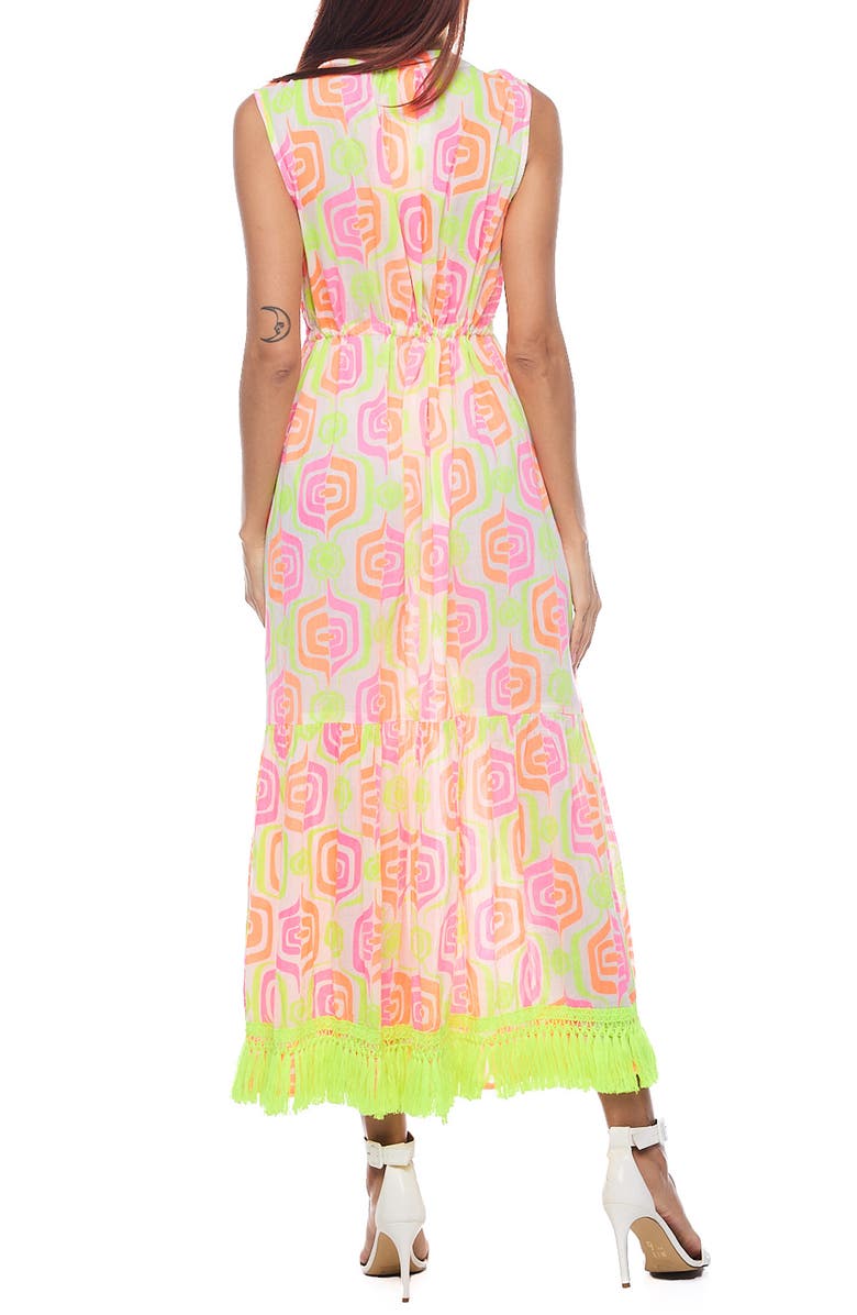RANEES Tie Neck Fringe Trim Cotton Maxi Sundress, Alternate, color, Neon