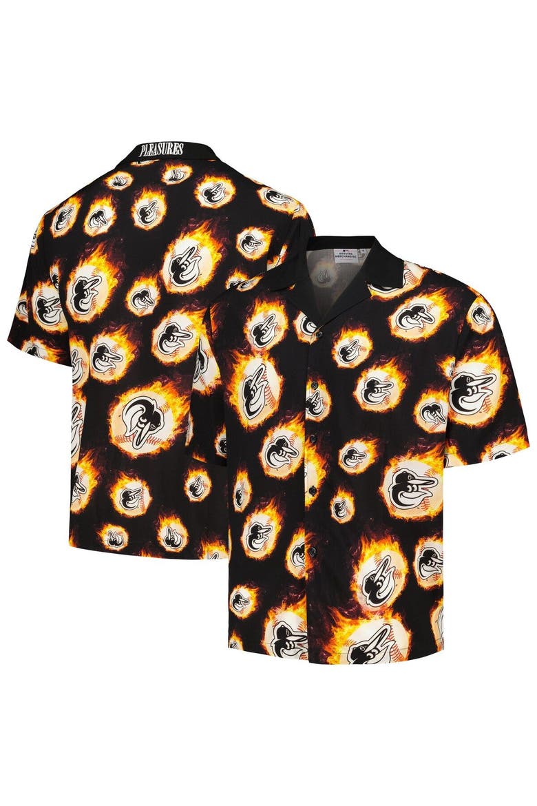 Men's PLEASURES  Black Baltimore Orioles Flame Fireball Button-Up Shirt, Main, color, Black