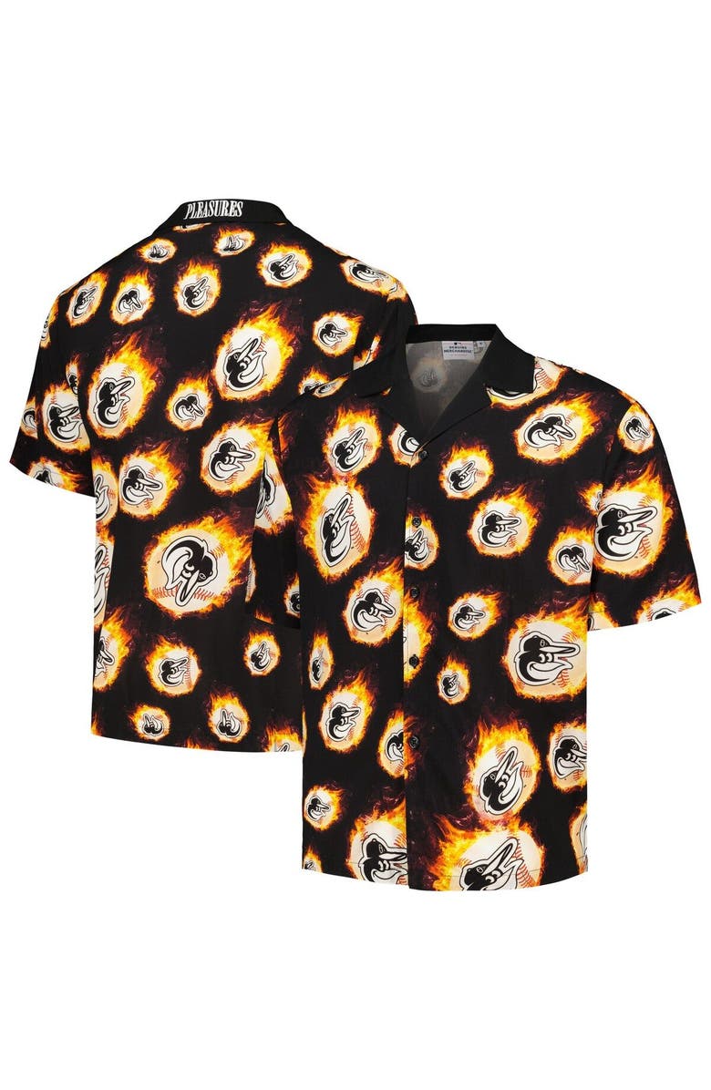 PLEASURES Men's PLEASURES  Black Baltimore Orioles Flame Fireball Button-Up Shirt, Main, color, 
