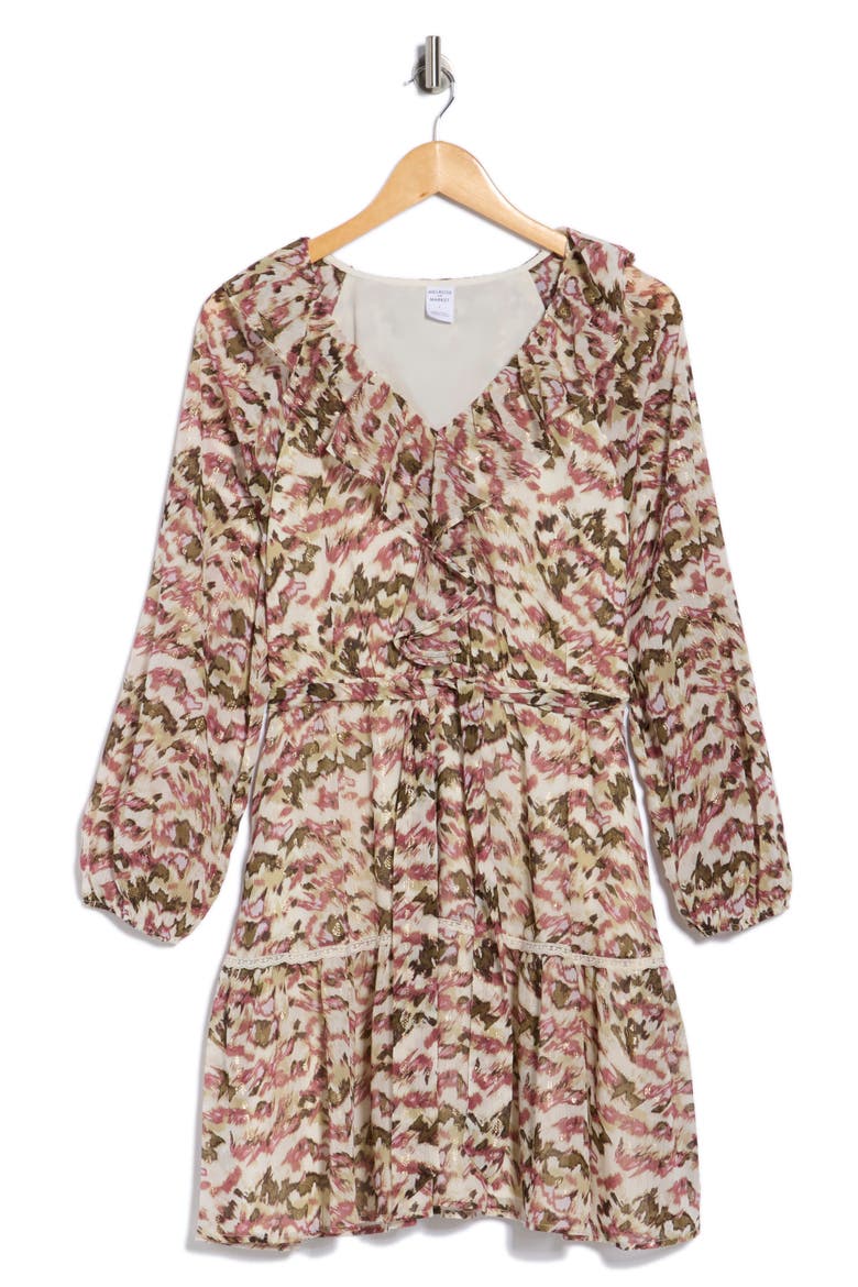 Ruffle Detail Minidress, Alternate, color, IVORY- OLIVE SCRIBBLED LINES