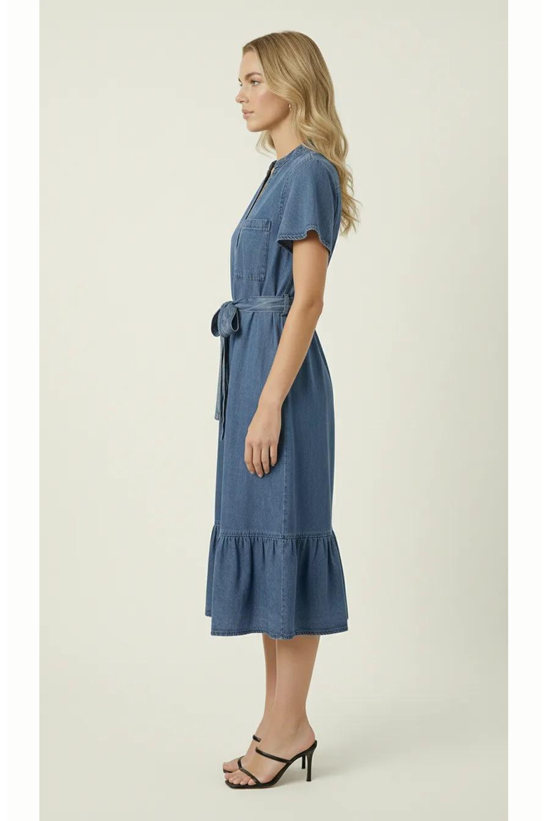 Belted Denim Ruffle Hem Dress, Alternate, color, Medium Wash Blue