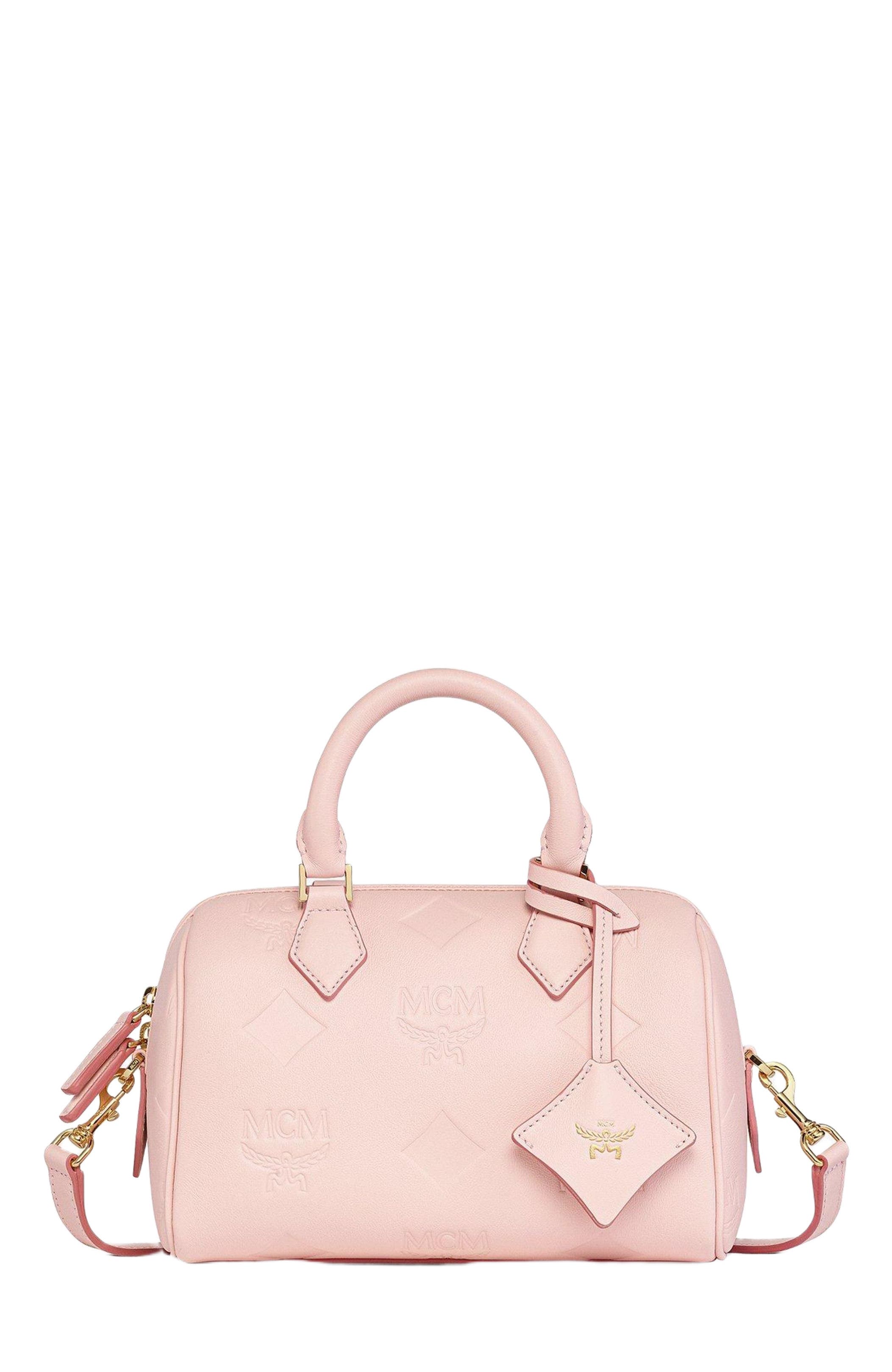 MCM Small Ella Boston Bag in Maxi Monogram Leather, Main, color, Lotus Pink