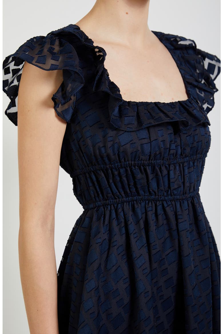 Bowie Ruffle Burnout Organza Midi Dress, Alternate, color, NAVY