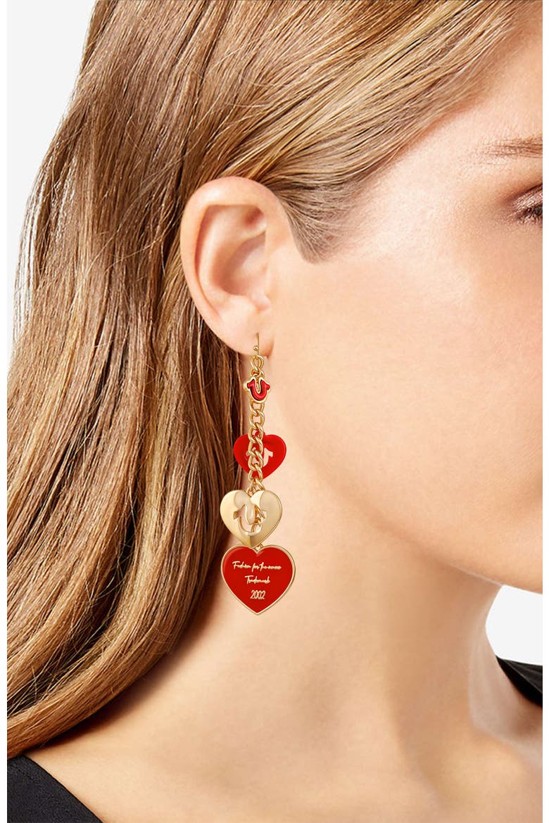 Cascading red heart linear earring, Alternate, color, GOLDTONE