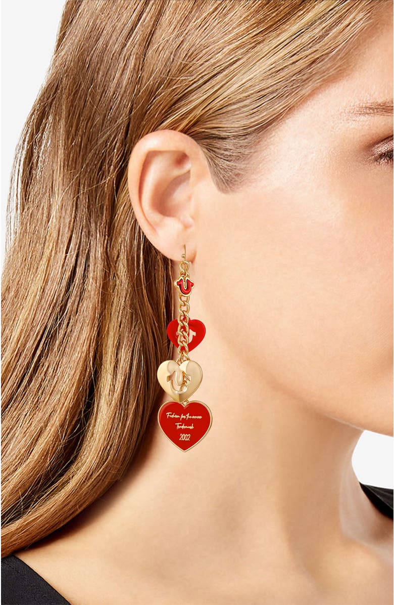 True Religion Cascading red heart linear earring, Alternate, color, Goldtone