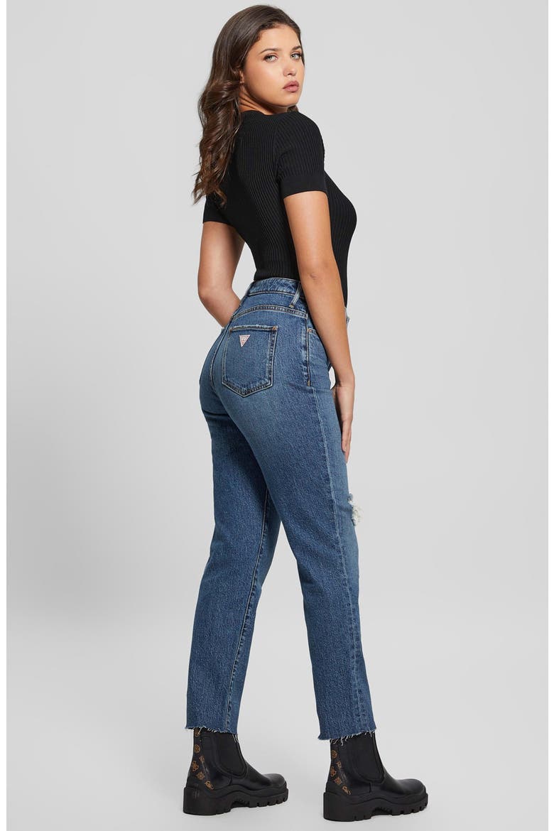 High Waist Distressed Raw Hem Ankle Mom Jeans, Alternate, color, WINX