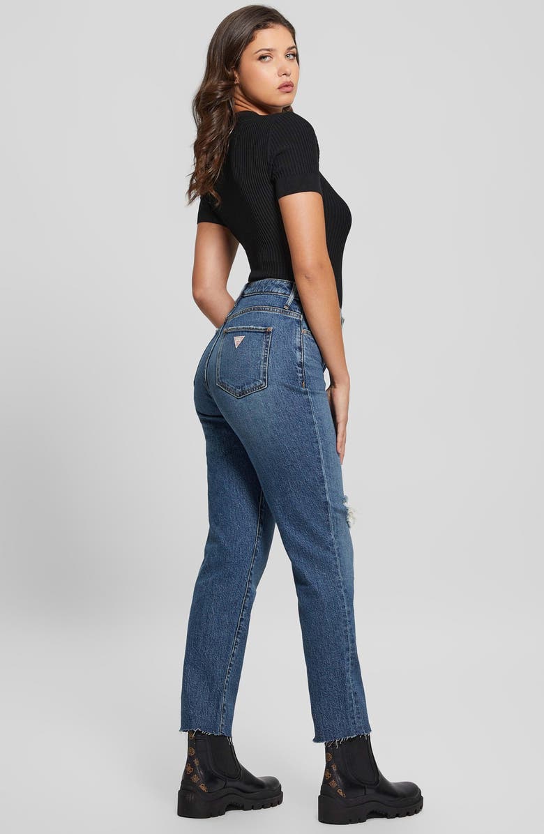 GUESS High Waist Distressed Raw Hem Ankle Mom Jeans, Alternate, color, Winx