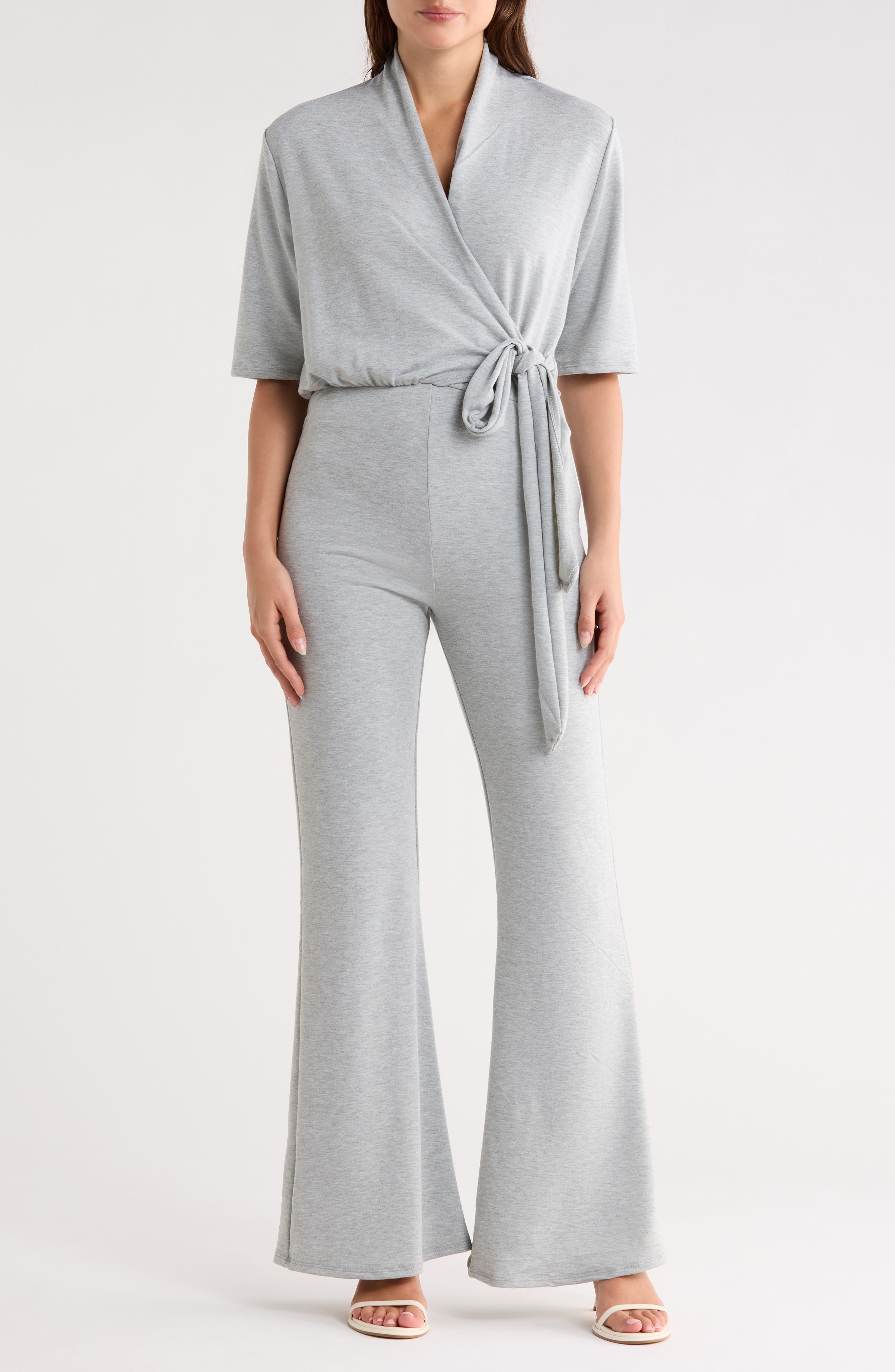 GO COUTURE Short Sleeve Faux Wrap Jumpsuit