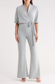 GO COUTURE Short Sleeve Faux Wrap Jumpsuit