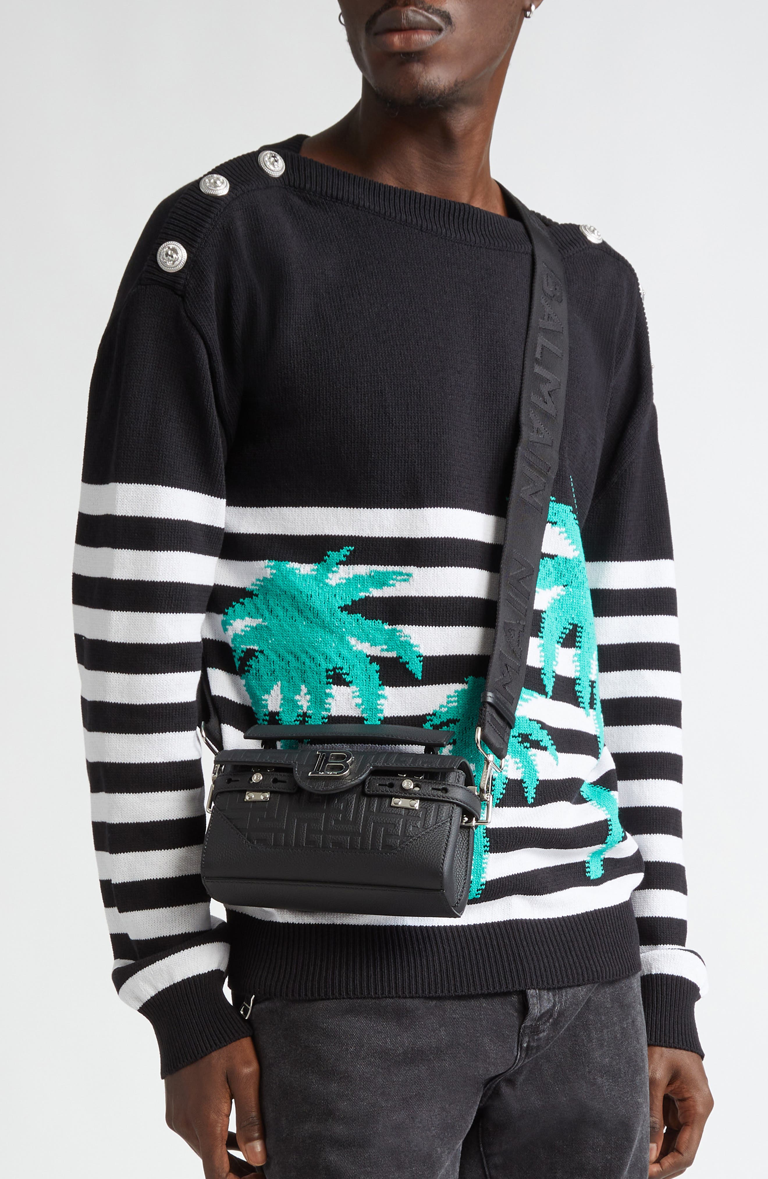 Balmain B-Buzz 19 Monogram Leather Handbag, Alternate, color, 