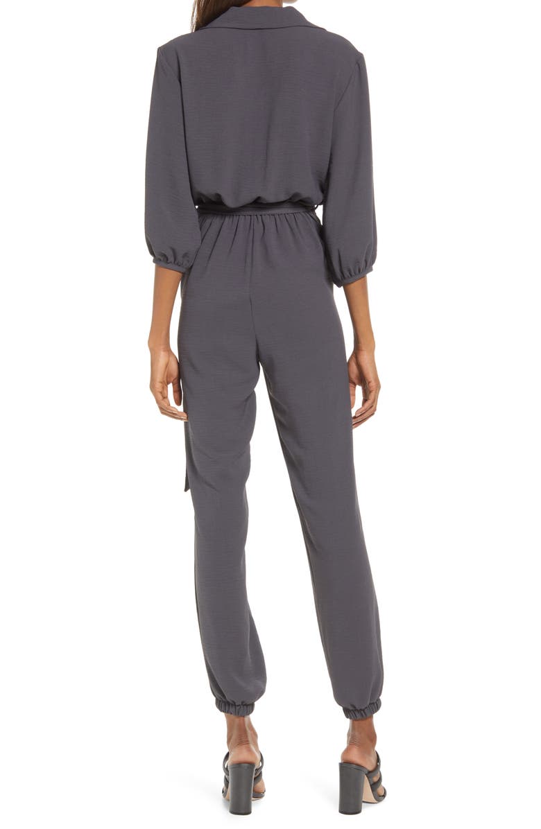 Fraiche by J Tie Waist Long Sleeve Jumpsuit, Alternate, color, Charcoal