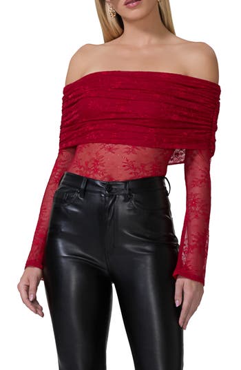 AFRM AFRM LENNOX RUCHED OFF THE SHOULDER LACE BODYSUIT