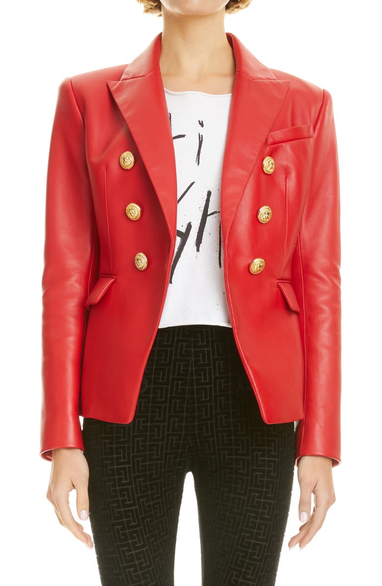 Balmain Double Breasted Leather Blazer, Main, color,