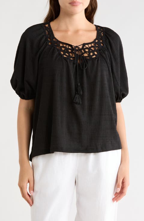 Split Neck Puff Sleeve Top