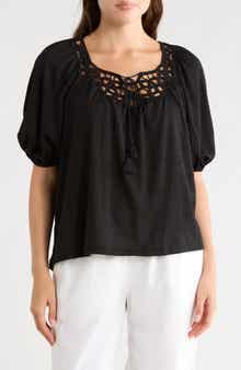 MAX STUDIO Split Neck Puff Sleeve Top