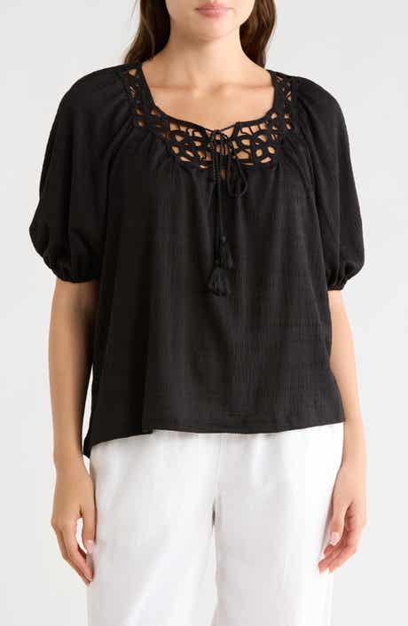 MAX STUDIO Split Neck Puff Sleeve Top