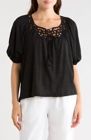 MAX STUDIO Split Neck Puff Sleeve Top