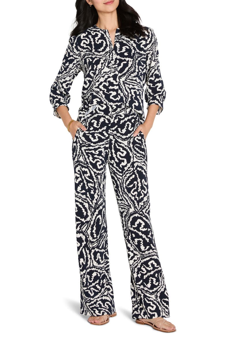 Indigo Leaf Double Crepe Button-Up Shirt, Alternate, color, INDIGO MULTI