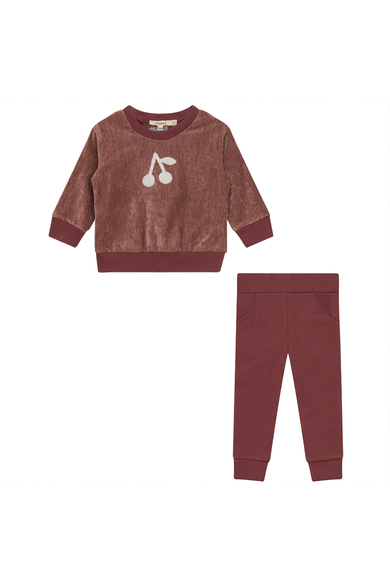 Cherry Hook Stitches Velour 2 Piece Set Long Sleeve Top and Pants, Alternate, color, Berry