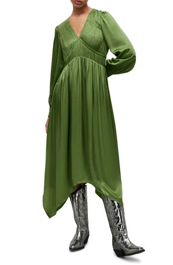 Allsaints Estelle Long Sleeve Asymmetric Hem Dress In Cactus Green