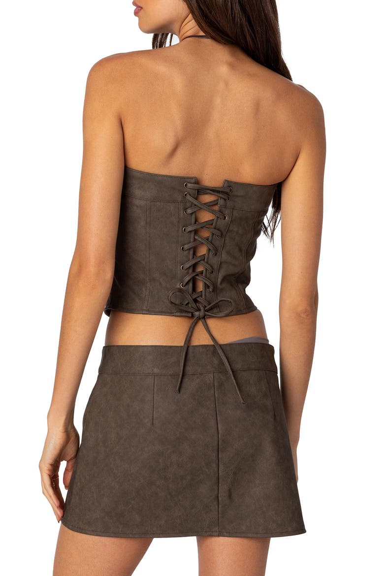 Ziva Faux Leather Strapless Corset Top, Alternate, color, BROWN
