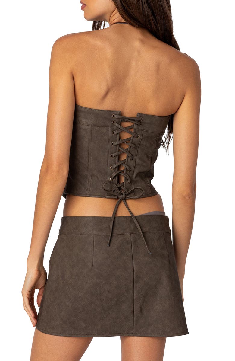 EDIKTED Ziva Faux Leather Strapless Corset Top, Alternate, color, Brown