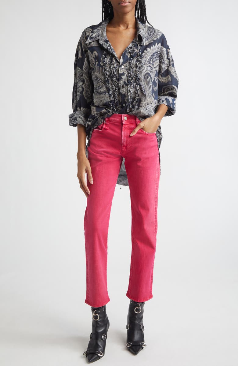 R13 Shredded Seam Ruffle Paisley Print Button-Up Shirt, Alternate, color, Black Paisley Multi Print