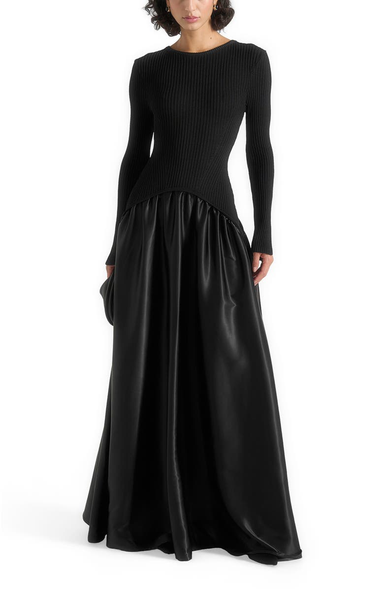 Manière De Voir Adeline Knit & Satin Curved Hem Maxi Dress, Main, color, Black