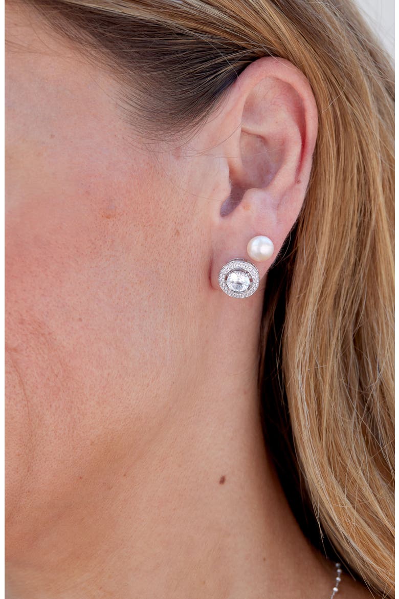 Set of Five CZ & 7-8mm Freshwater Pearl Jacket Stud Earrings, Alternate, color, WHITE GOLD