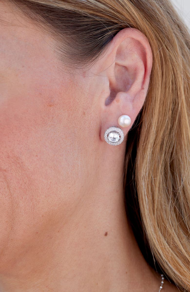 SAVVY CIE JEWELS Set of Five CZ & 7-8mm Freshwater Pearl Jacket Stud Earrings, Alternate, color, White Gold